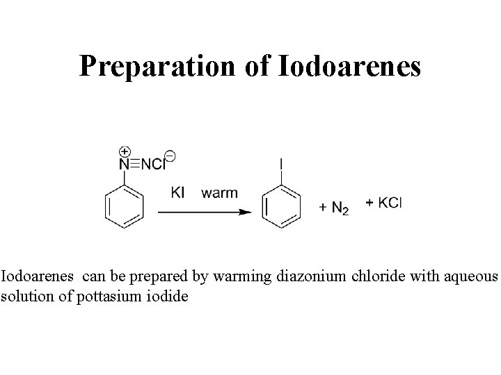 Preparation of Iodoarenes can be prepared by warming diazonium chloride with aqueous solution of