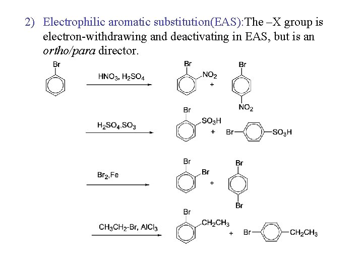 2) Electrophilic aromatic substitution(EAS): The –X group is electron-withdrawing and deactivating in EAS, but