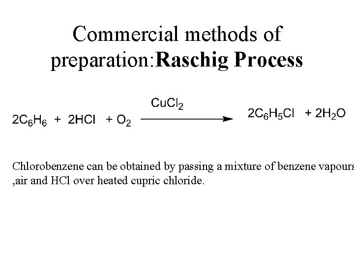 Commercial methods of preparation: Raschig Process Chlorobenzene can be obtained by passing a mixture