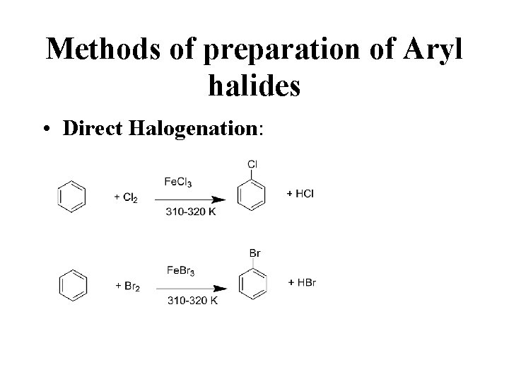 Methods of preparation of Aryl halides • Direct Halogenation: 