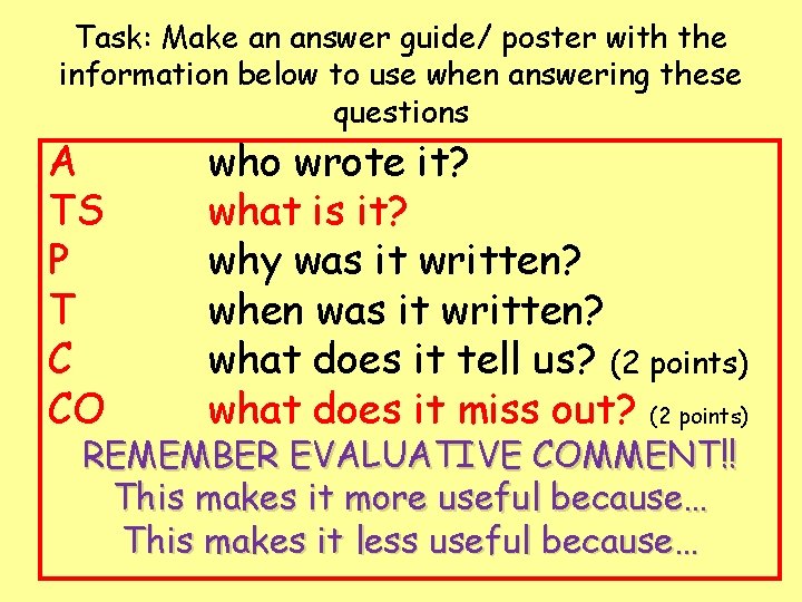Task: Make an answer guide/ poster with the information below to use when answering
