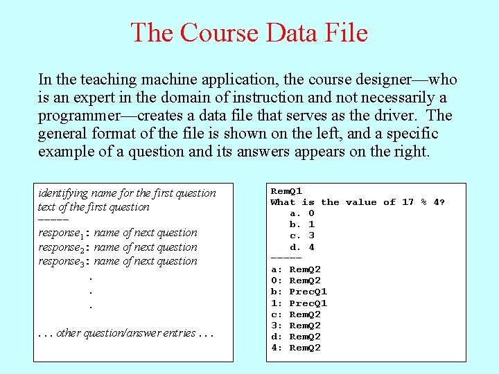 The Course Data File In the teaching machine application, the course designer—who is an