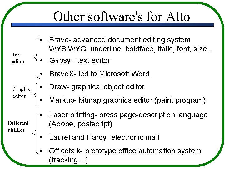 Other software's for Alto Text editor • Bravo- advanced document editing system WYSIWYG, underline,