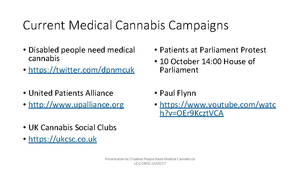 Current Medical Cannabis Campaigns • Disabled people need medical cannabis • https: //twitter. com/dpnmcuk