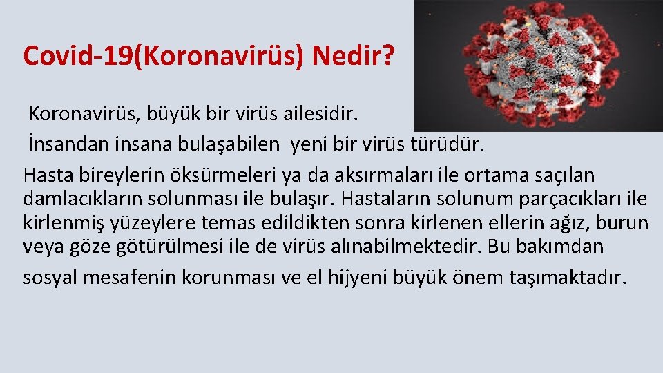 Covid-19(Koronavirüs) Nedir? Koronavirüs, büyük bir virüs ailesidir. İnsandan insana bulaşabilen yeni bir virüs türüdür.