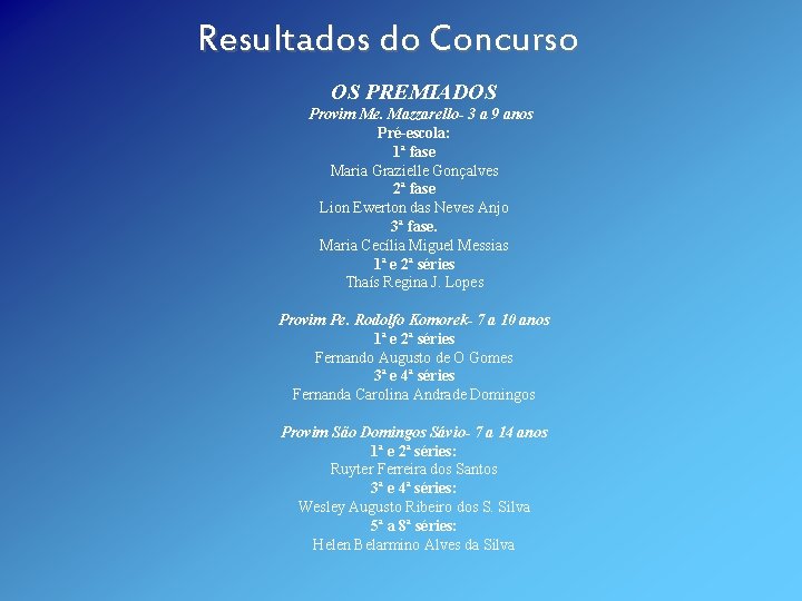 Resultados do Concurso OS PREMIADOS Provim Me. Mazzarello- 3 a 9 anos Pré-escola: 1ª