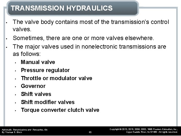 TRANSMISSION HYDRAULICS • • • The valve body contains most of the transmission’s control