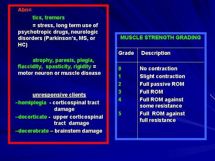 Abn= tics, tremors = stress, long term use of psychotropic drugs, neurologic disorders (Parkinson’s,