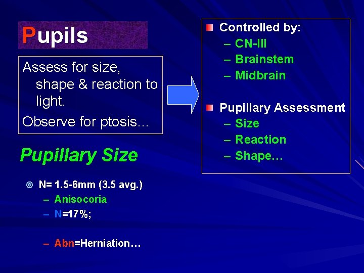 Pupils Assess for size, shape & reaction to light. Observe for ptosis… Pupillary Size