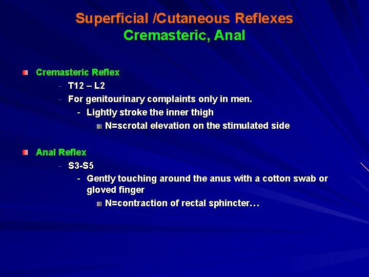 Superficial /Cutaneous Reflexes Cremasteric, Anal Cremasteric Reflex - T 12 – L 2 -