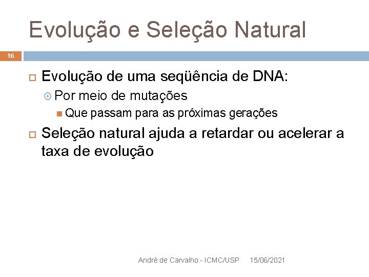 Evolução e Seleção Natural 16 Evolução de uma seqüência de DNA: Por meio de