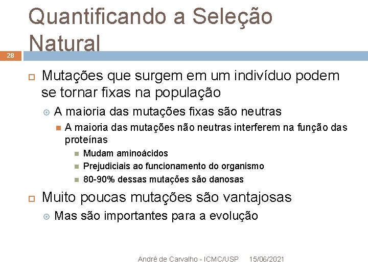 28 Quantificando a Seleção Natural Mutações que surgem em um indivíduo podem se tornar