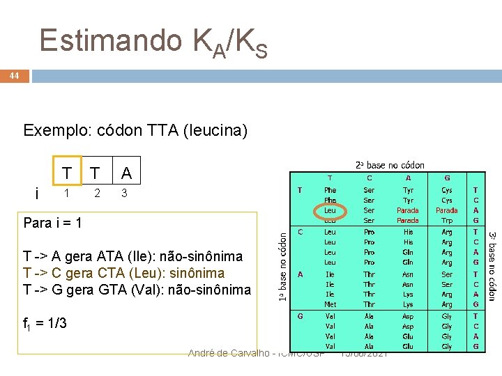 Estimando KA/KS 44 Exemplo: códon TTA (leucina) i T T A 1 2 3