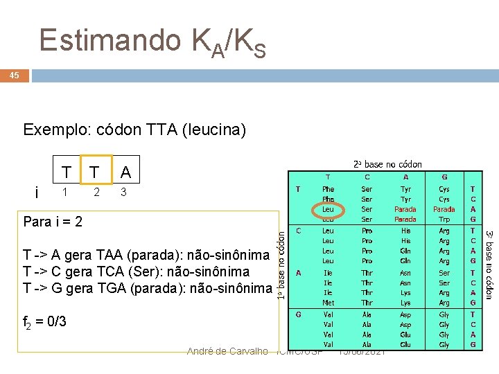 Estimando KA/KS 45 Exemplo: códon TTA (leucina) i T T A 1 2 3