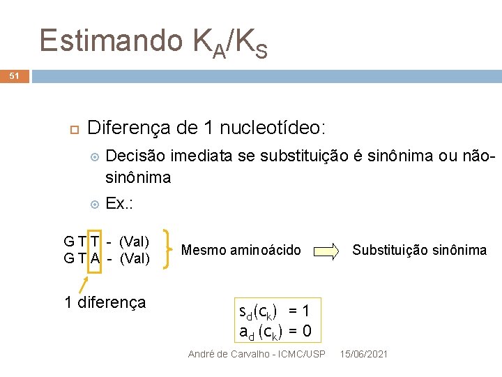 Estimando KA/KS 51 Diferença de 1 nucleotídeo: Decisão imediata se substituição é sinônima ou