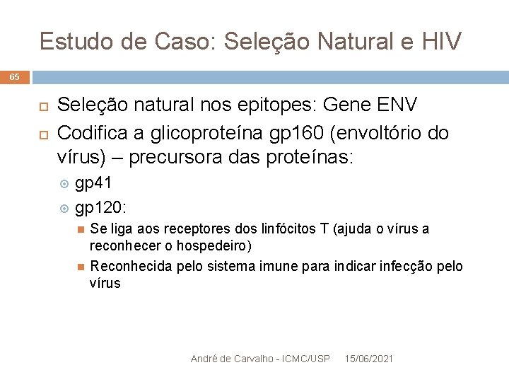 Estudo de Caso: Seleção Natural e HIV 65 Seleção natural nos epitopes: Gene ENV