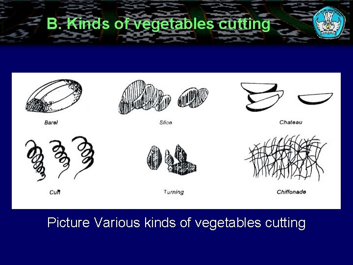 B. Kinds of vegetables cutting Picture Various kinds of vegetables cutting 