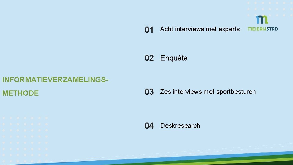 01 Acht interviews met experts 02 Enquête INFORMATIEVERZAMELINGSMETHODE 03 Zes interviews met sportbesturen 04