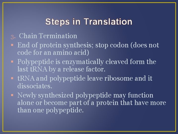 Steps in Translation 3. Chain Termination End of protein synthesis; stop codon (does not
