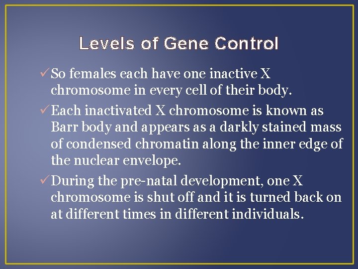 Levels of Gene Control So females each have one inactive X chromosome in every