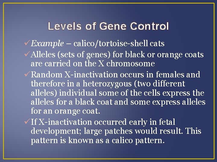 Levels of Gene Control Example – calico/tortoise-shell cats Alleles (sets of genes) for black