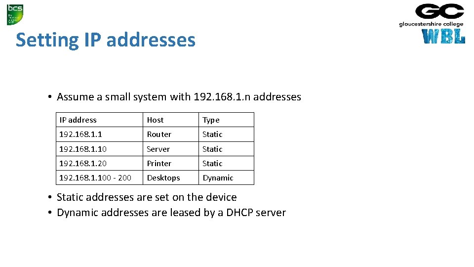 Setting IP addresses • Assume a small system with 192. 168. 1. n addresses