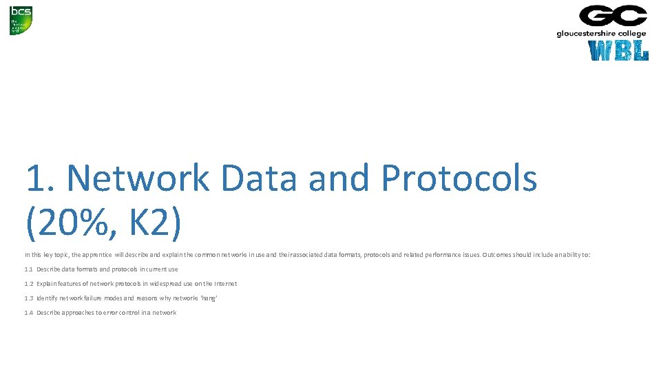 1. Network Data and Protocols (20%, K 2) In this key topic, the apprentice