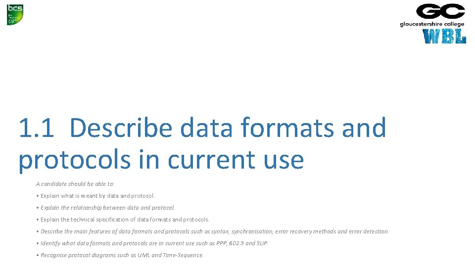 1. 1 Describe data formats and protocols in current use A candidate should be