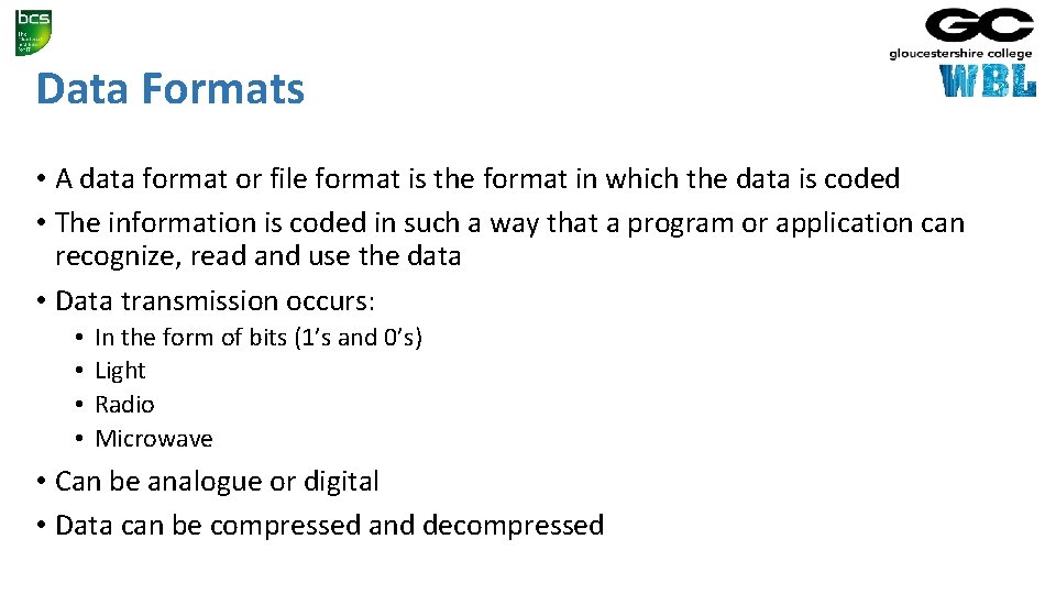 Data Formats • A data format or file format is the format in which