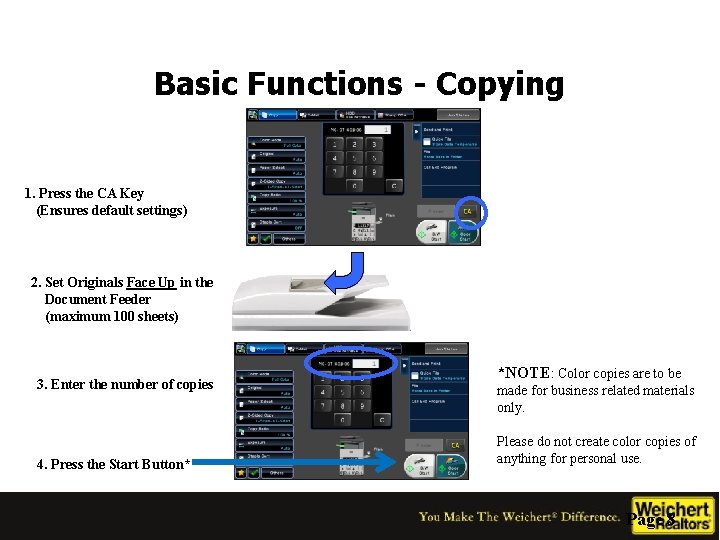 Basic Functions - Copying 1. Press the CA Key (Ensures default settings) 2. Set