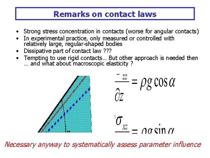 Remarks on contact laws • Strong stress concentration in contacts (worse for angular contacts)
