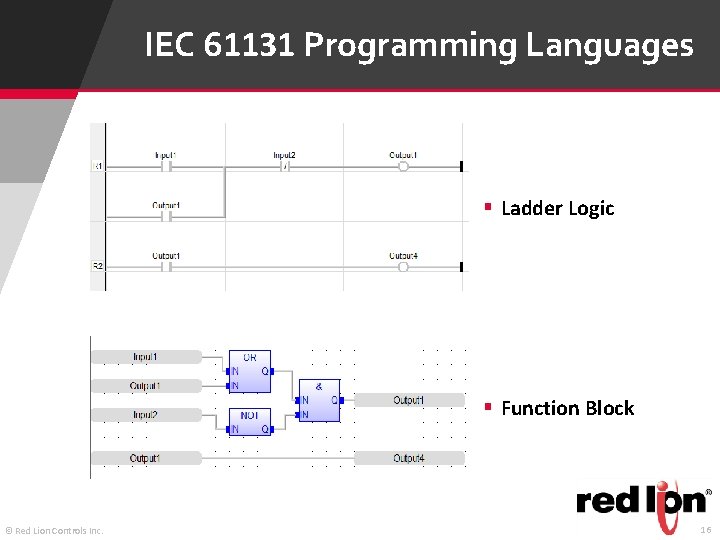 IEC 61131 Programming Languages § Ladder Logic § Function Block © Red Lion Controls IEC 61131 Programming Languages § Ladder Logic § Function Block © Red Lion Controls