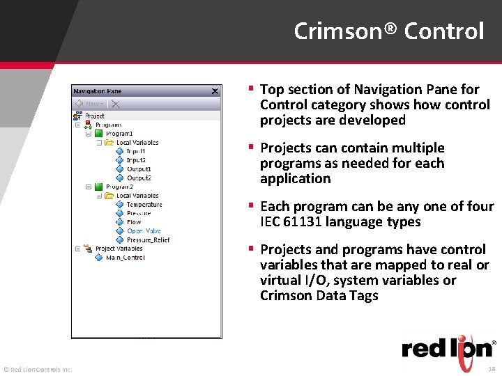 Crimson® Control § Top section of Navigation Pane for Control category shows how control