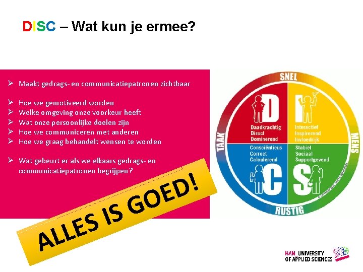 DISC – Wat kun je ermee? Ø Maakt gedrags- en communicatiepatronen zichtbaar Ø Ø