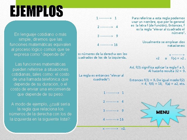 EJEMPLOS 1 ----> 1 2 ----> 4 En lenguaje cotidiano o más simple, diremos