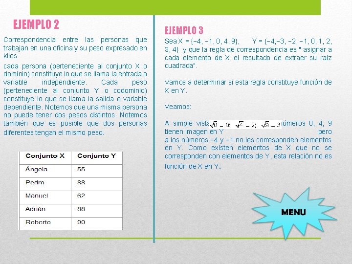 EJEMPLO 2 Correspondencia entre las personas que trabajan en una oficina y su peso