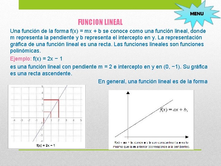 FUNCION LINEAL Una función de la forma f(x) = mx + b se conoce