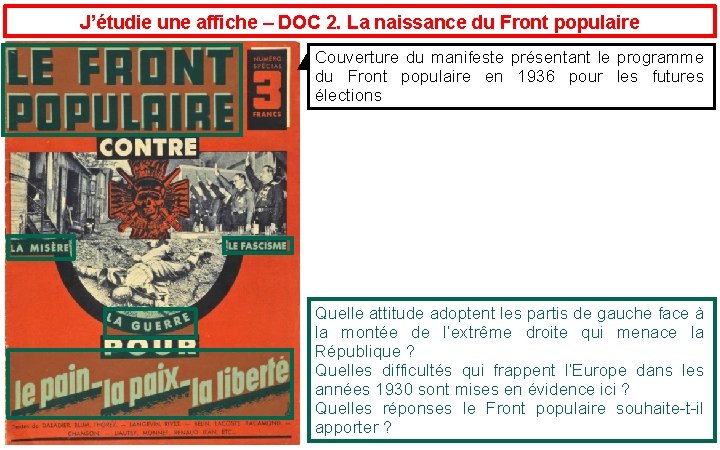 J’étudie une affiche – DOC 2. La naissance du Front populaire Couverture du manifeste J’étudie une affiche – DOC 2. La naissance du Front populaire Couverture du manifeste