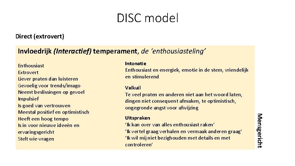 DISC model Direct (extrovert) Invloedrijk (Interactief) temperament, de ‘enthousiasteling’ Intonatie Enthousiast en energiek, emotie