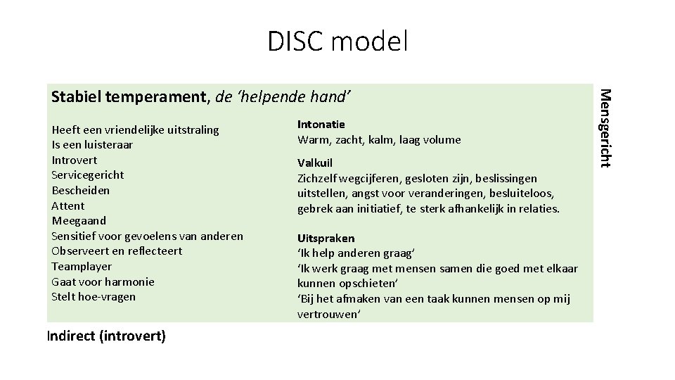 DISC model Heeft een vriendelijke uitstraling Is een luisteraar Introvert Servicegericht Bescheiden Attent Meegaand