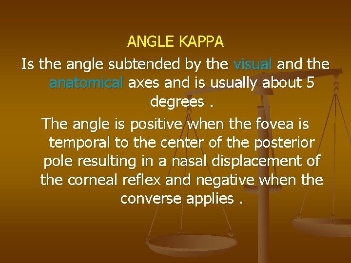 ANGLE KAPPA Is the angle subtended by the visual and the anatomical axes and