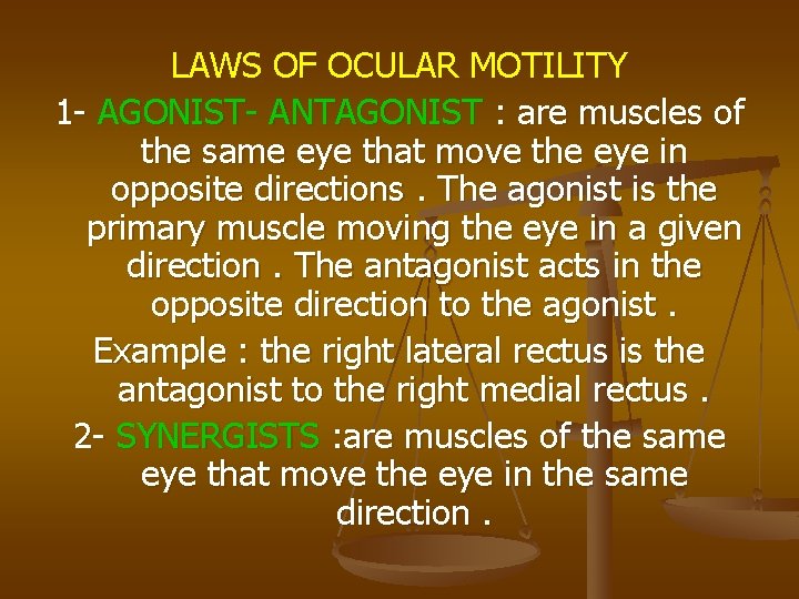 LAWS OF OCULAR MOTILITY 1 - AGONIST- ANTAGONIST : are muscles of the same