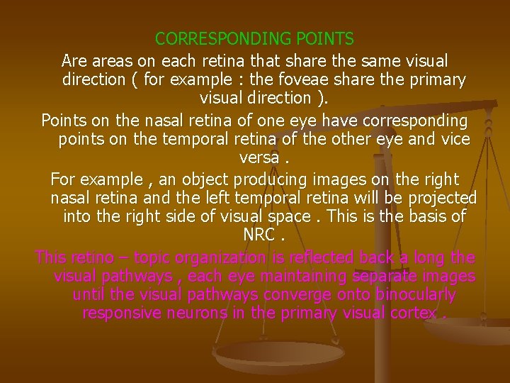 CORRESPONDING POINTS Are areas on each retina that share the same visual direction (