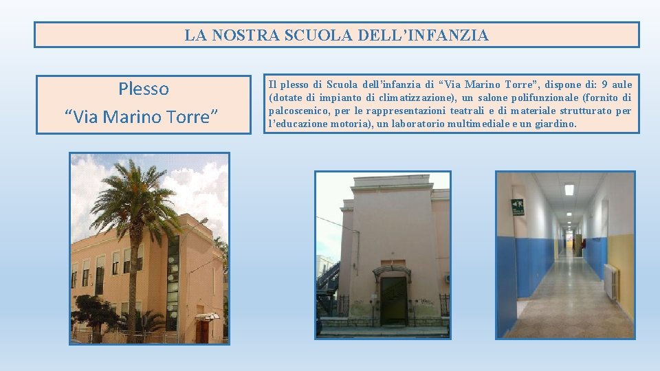 LA NOSTRA SCUOLA DELL’INFANZIA Plesso “Via Marino Torre” Il plesso di Scuola dell’infanzia di