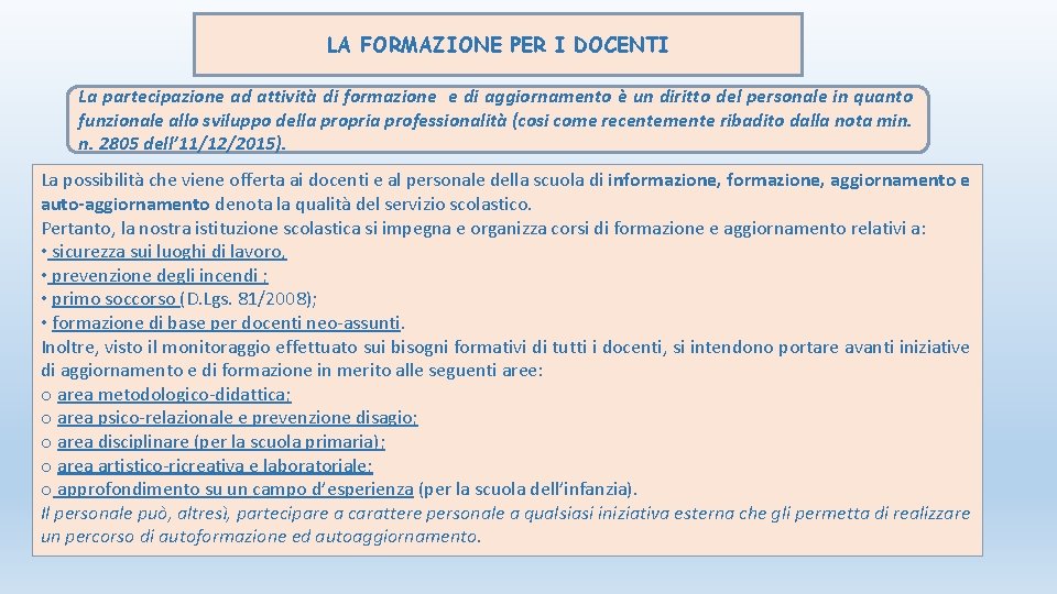 LA FORMAZIONE PER I DOCENTI La partecipazione ad attività di formazione e di aggiornamento