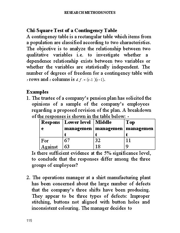 RESEARCH METHODS NOTES Chi-Square Test of a Contingency Table A contingency table is a