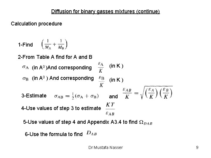 Diffusion for binary gasses mixtures (continue) Calculation procedure 1 Find 2 From Table A