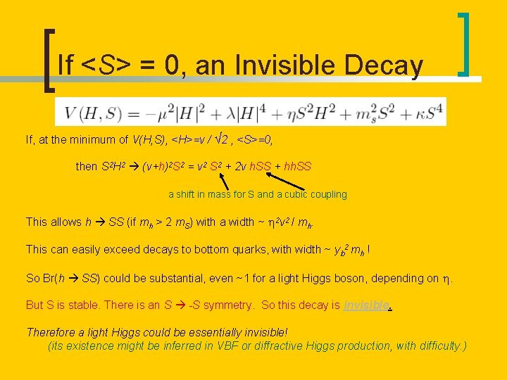 If <S> = 0, an Invisible Decay If, at the minimum of V(H, S),