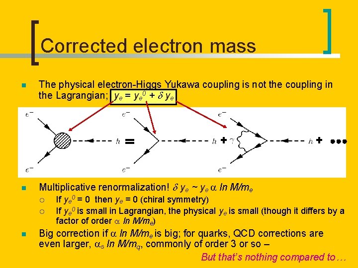 Corrected electron mass n n The physical electron-Higgs Yukawa coupling is not the coupling