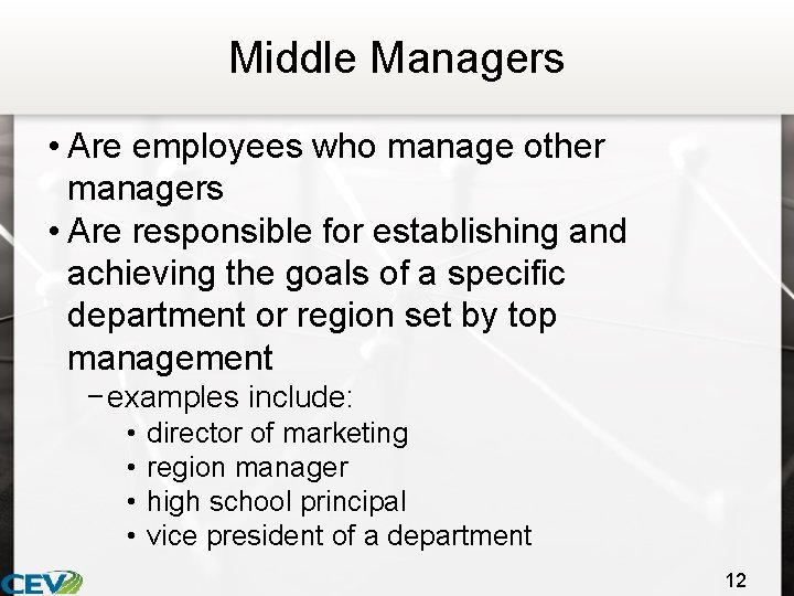 Middle Managers • Are employees who manage other managers • Are responsible for establishing